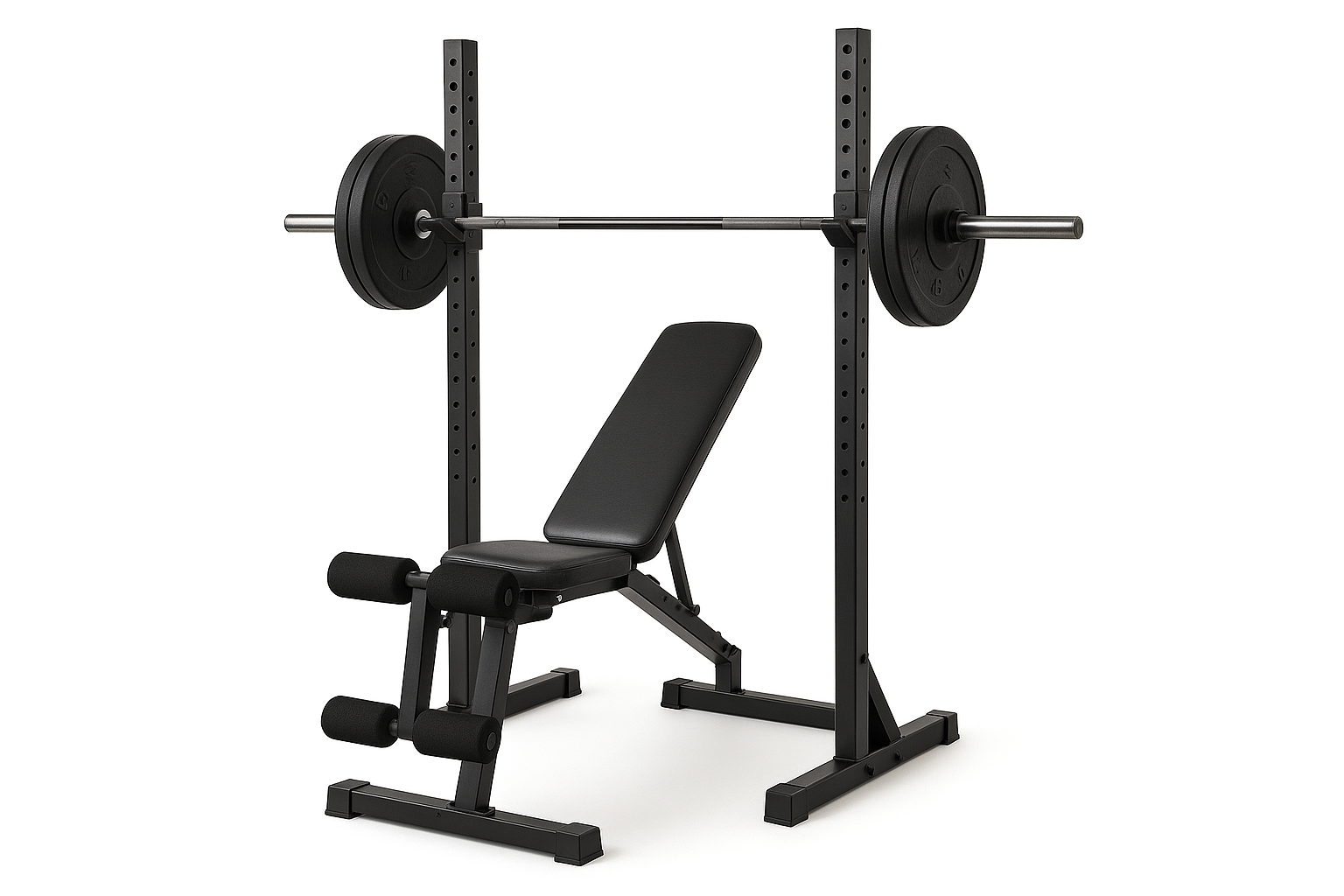 All-In-One Adjustable Squat Rack With Weight Bench & Barbell Set